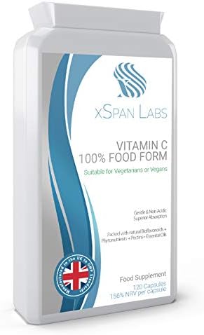 Vitamin C 100 % Food Form 120 Capsules  All Natural Food Form - Gentle & Non-Acidic