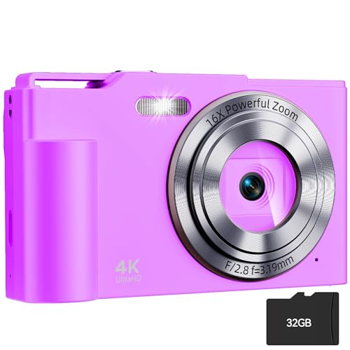 Image of Digital Camera, FHD 4K Digital Point and Shoot Camera with 16X Zoom Anti Shake, 48MP Compact Small Camera with 32GB Card for Boys Girls Kids Fuchsia Purple