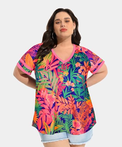 Image of CARCOS Womens Plus Size Tops Short Sleeve Shirts V Neck Tunic Floral /Tie Dye /Solid Summer Tees XL-5X