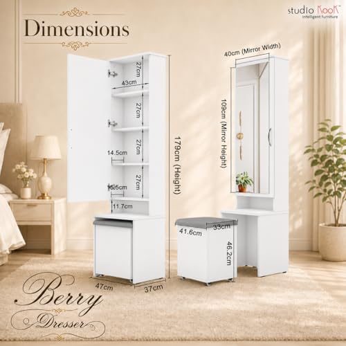 Image of Studio Kook Berry Dressing Table with Mirror & Stool, Moonshine White | Engineered wood unit with a 109 x 40 cm mirror, concealed shelves and cushioned storage stool on castors. Height: 179 cm.