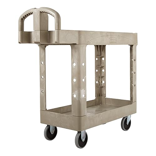 Image of BRUTE Heavy Duty 2-Shelf Utility /Service Cart, Small, Lipped Shelves, Ergonomic Handle, 500 lbs. Capacity, Beige, for Warehouse /Garage /Cleaning /Maintenance