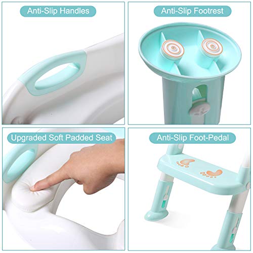 PandaEar Potty Training Seat Toilet with Step Stool Ladder, Kids Boys Girls Toddlers-Comfortable Safe, Anti-Slip Pads Ladder (Light Blue)