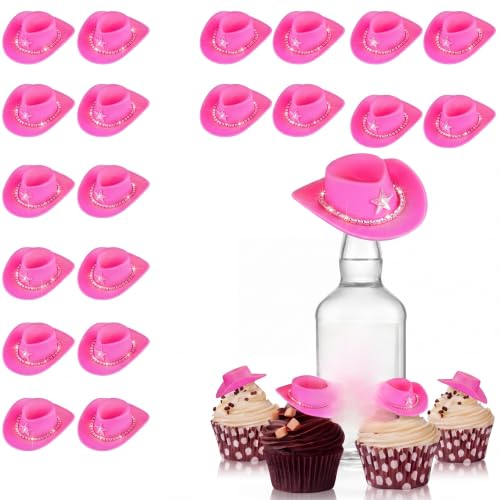Silipull 20 Pcs Mini Pink Cowboy Hats with Rhinestones, Plastic Tiny Cowgirl Hat, Crafts, Western Party Decor, Cupcake Toppers