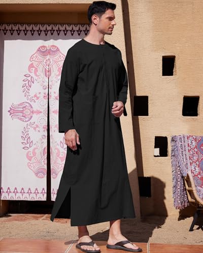 YAOHUOLE Men's Kaftan Thobe Long Sleeve Muslim Robe Button Up Side Split Kaftan Thobe with Pockets3