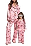 Seyurigaoka Mommy and Me Matching Pajamas Set Heart Print Shirt Pants Valentine's Day 2 Pieces Pjs Set Sleepwear Jemmies for Women Girl(Bow Red,12 Years