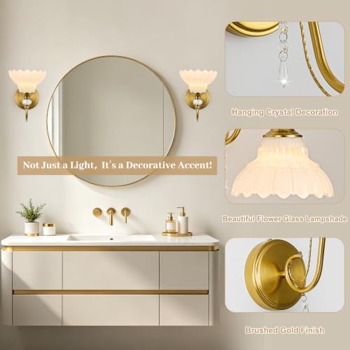 Image of 1 Piece Vintage Wall Sconce, 1-Light Brushed Gold Finish Wall Sconce with Hanging Crystal Accents and Flower-Shaped White Shades for Bathroom Bedroom Living Room,Vintage Vanity Light