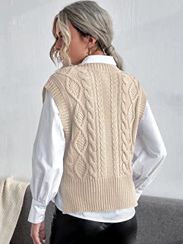 Jumppmile Womens V Neck Sweater Vest Cable Knit Solid Sleeveless Pullover Crop Sweater Vest Beige M #TOP1