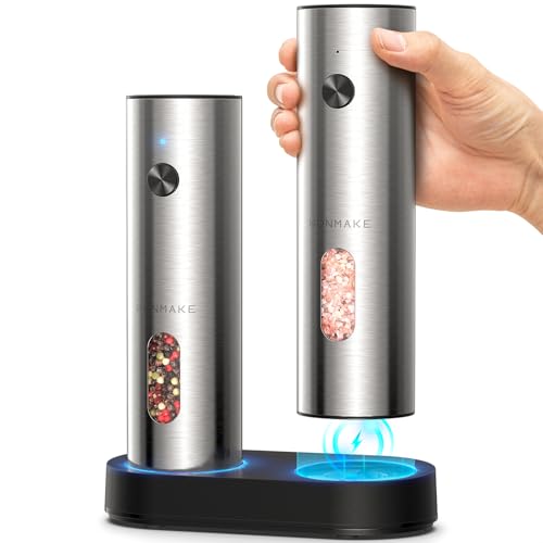 WONMAKE Salz und Pfeffermühle Elektrisch Elektrische Pfeffermühle Mühle Set Edelstahl mit USB-C Dual Ladestation/110ML Große Kapazität/5 Einstellbarer Mahlgrad/LED-Beleuchtung ideal Gift für Mama