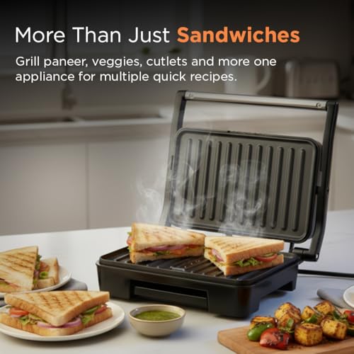 Image of Glen Electric Grill Sandwich Maker, 850W, Panini Press with Heavy Duty Non Stick Plates, Oil Collector Tray, Strong Steel Handle, Toaster Griller for 2 Bread Slices, 2-Year Warranty - 3029GRILL
