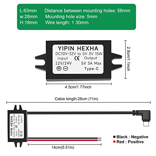 Image of DC 24V /12V to 5V USB Type-C Right Angle Step Down Converter Output 3A 15W Buck Module Power Adapter, Compatible with Raspberry Pi 4, Mobile Phones