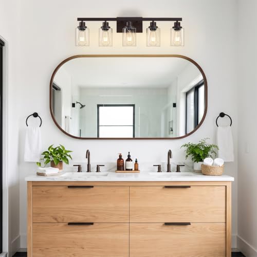 Image of 5-Light Oil Rubbed Bronze Bathroom Light Fixtures,30 inch Vanity Light | Modern Bronze Bathroom Lighting with Clear Glass Shades,Bathroom Wall Sconece over Mirror Sink Cabinet