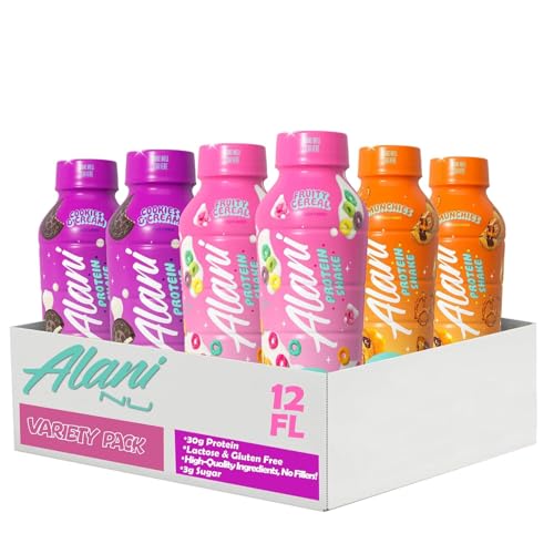 NEW Alani High Protein Shake Variety Pack, Cookies and Cream, Fruity Cereal & Munchies - Ready to Drink, Naturally Flavored, Gluten Free,160 Calories, 30g Protein,12 Fl Oz (6 Pack)