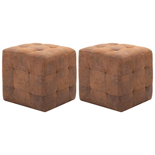 vidaXL 2X Poufs Tabouret Cube de Salle de Séjour Repose-Pied de Salon Ottoman Chambre à Coucher Maison Intérieur Confortable Marron Similicuir Daim