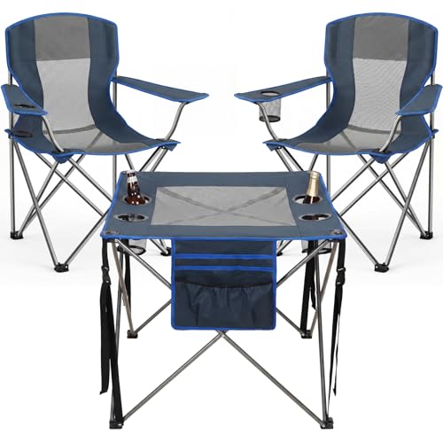 Camping Chair Set of 3 Outdoor Folding Camping Chairs with Cup Holder & Carry Bag for Sports Hiking Picnic Includes Two Foldable Breathable Camping Chair and a Larger Table Support up to 250lbs