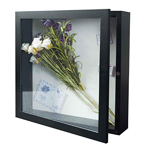Image of Muzilife 11x11 Deep Shadow Box Picture Frame with Linen Board Wood Glass Display Case Ready to Hang Memory Box Baby Sports Memorabilia, Awards, Medals, Wedding, Tickets, and Photos (Black)