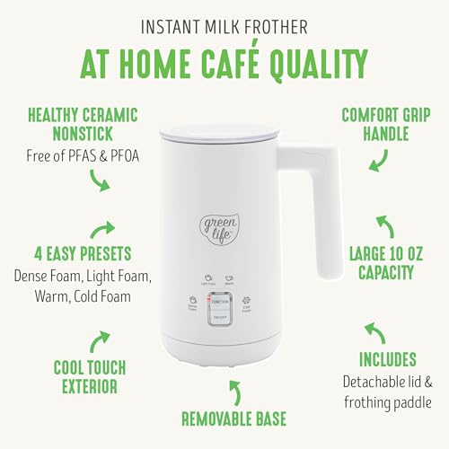 image for GreenLife Ceramic Electric Milk Frother, 10oz, 4-in-1, Auto Hot and Co