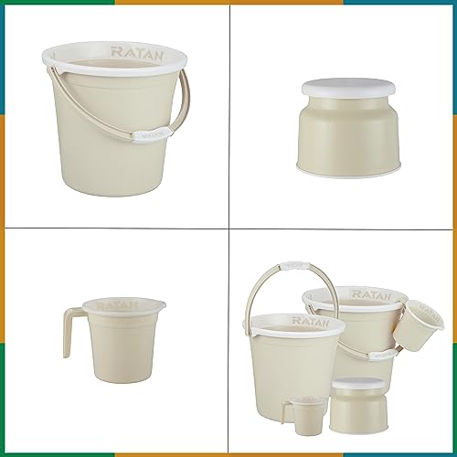 Image of RATAN PLASTICWARE Plastic Bathroom Set of 5 Pieces Combo Pack Gloria Plain 18 Liters 2 Pieces Bucket + Nova Stool Patla 107 + Two Gloria Plain Bath Mug 1 Liter Color Twist Beige