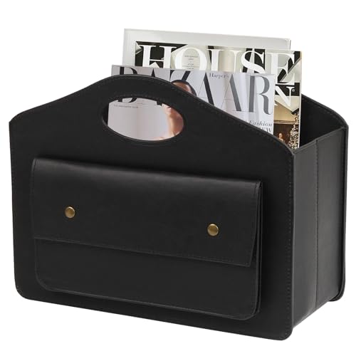 HofferRuffer Revistero de Cuero Revistero con asa Cesta de Almacenamiento Plegable con Bolsa Frontal pequeña Organizador Multiusos Negro 13,8 * 11 * 6 Pulgadas