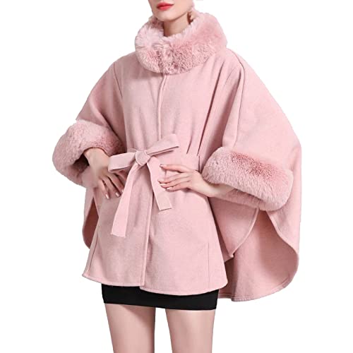 Women's Faux Fur Trim Open Front Cardigan Cloak Poncho Winter Wool Loose Fit Cape Fashion Thicken Warm Shawl Wrap Coats
