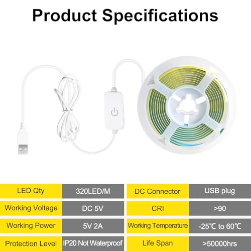 Tira LED COB flexible USB 6.56ft luz blanca fría miniatura 6