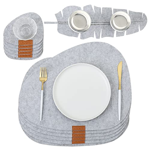 Manteles Individuales Juego de 13, Mantel Individual Sintió de Cocina, 6 Salvamanteles Individuales 40x32cm + 6 Posavasos + 1 Almohadillas de Fieltro en Forma de Hoja, Lavable, Antideslizantes (Gris) Cover
