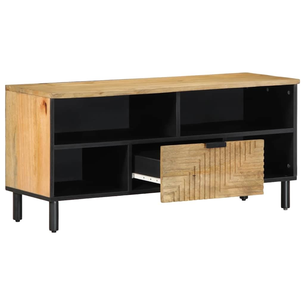 TV-Schrank Mangoholz Massiv 100x33x46 cm Braun | Rustikales Lowboard für Wohnzimmer und Schlafzimmer mit CNC-Front und 10 cm Metallbeinen für einfache Bodenreinigung.