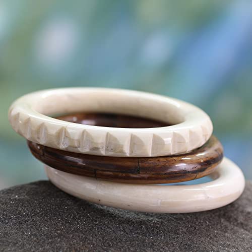 NOVICA Artisan Handmade Bone Bangle Bracelets Carved by from Set of 3 India [7.5 in Inner Circ. x 0.4 in W] ' Delhi Harmony' Set of 33