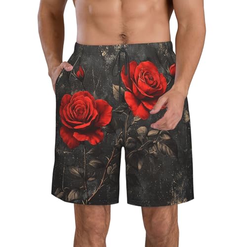 Mens Swim Trunks Board Shorts Quick Dry Shorts with Pockets - Black Red Rose Flowers Floral Retro
