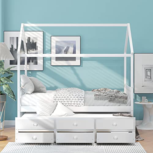 Moeo Twin Size House Bed With Trundle And 3 Storage Drawers, Wood Captain's Daybed Fram For Bedroom/Kids, No Spring Box Required - White #TOP6