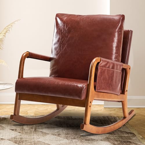 Image of AHB Rocking Chair Nursery, Leather Upholstered Glider Rocker with Heightened Cushion，Accent Comfy Armchair Chair for Living Room, Bedroom，Nursing Room