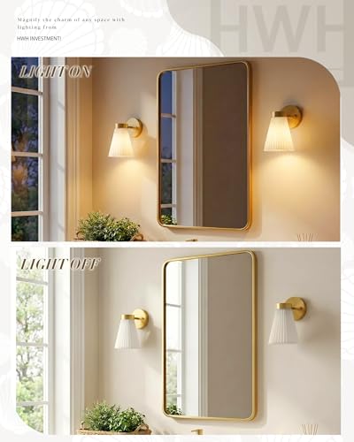 Image of Set of 2 Wall Sconces, HWH Gold Bathroom Light Fixtures with Milk White Striped Fabric Shade, Up and Down Vanity Lights Fixture, Brushed Gold Finish, 5HZG97B-2PK BG-FB