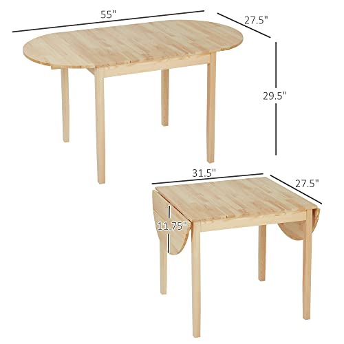 HOMCOM 55" Solid Wood Kitchen Table for 4-6 People, Oval Drop Leaf Tables for Small Spaces, Folding Dining Table, Natural