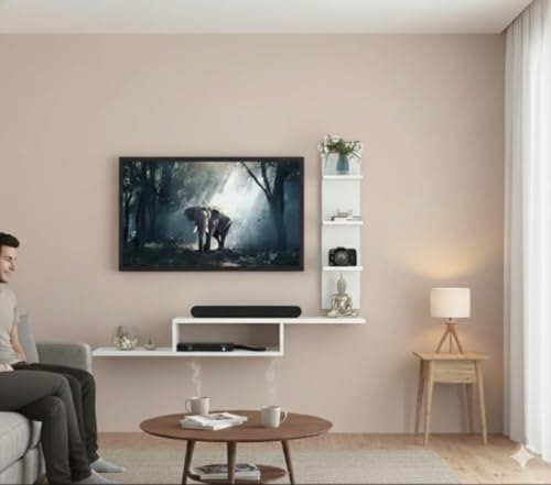 Image of Dual L 36 inches Broad Base Dazzling Tv Entertainment Unit Made of Engineered Wood | Home Decoration Wall Decor (Russian White, Dual L Style)