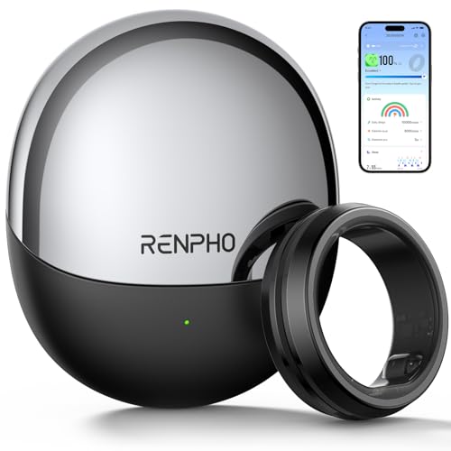 RENPHO Lynx Smart Ring-All Day Sleep & Activity Tracking, Includes Charging Case, Gifts for Men, 7-Day Battery Life, Subscription-Free App for iOS & Android, Size Before You Buy (Black, Size