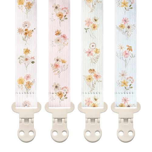Image of Stadela Baby Fabric Pacifier Clip Holder, Plastic Clip, 4‑Pack, Wildflowers Pattern, Charlotte Set