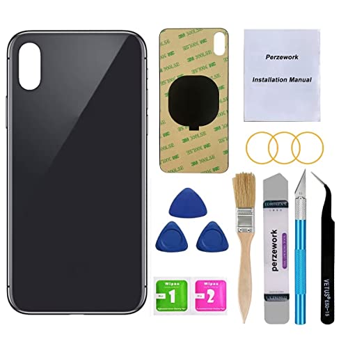Iphone, Wireless Perzework - vidrio trasero de repuesto OEM para iPhone X de 5.8 pulgadas con kit de herramientas de reparación y calcomanía preinstalado (gris espacial/negro)