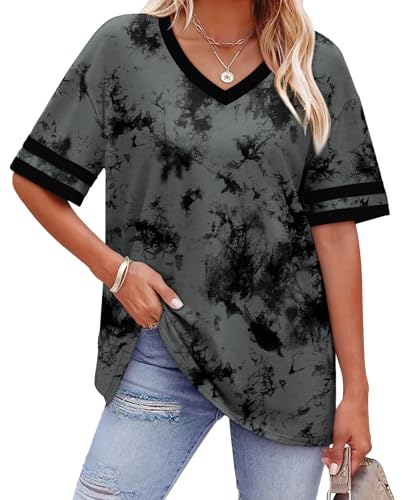Image of WIHOLL Womens T Shirts Loose Fit Short Sleeve Tees V Neck Color Block Summer Tops 2026 Fashion S-4XL