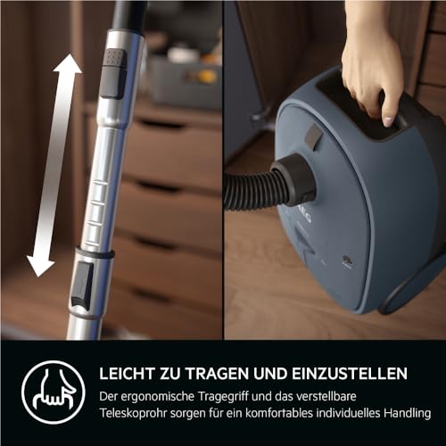 AEG CLEAN 6000 Staubsauger mit Beutel, Hohe Saugleistung, inkl. Zusatzdüsen, 50% Recyclingkunststoff, Ideal für Haustierbesitzer, Reinigen von Polstern, 12 m Kabel, 850 W, Blau, AB61C2DB