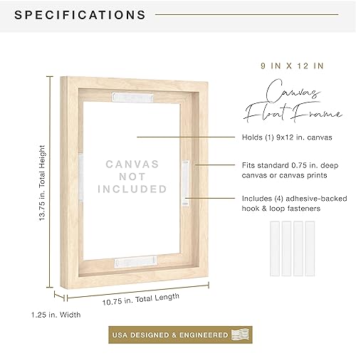 Image of MCS Canvas Float Frames 9x12 Frame, Natural Wood Grain for Finished Canvases, Vertical & Horizontal Wall Hanging Large with Adhesive for Canvas Paintings (1-Pack)