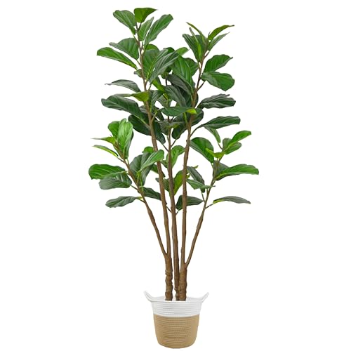 Artificial Fiddle Leaf Fig Tree, 5ft Tall Fake Fiddle Leaves Plant with Woven Basket, Faux Ficus Lyrata Tree for Indoor Outdoor House Office Living Room Décor