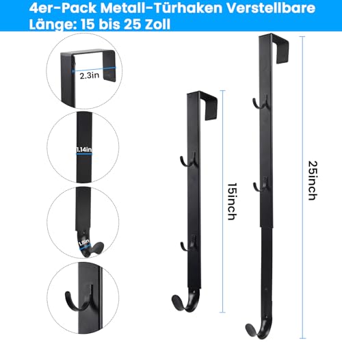 4 Stück Verstellbar Türhaken zum Einhängen - Schwarz Tür Haken Innenseite und Außentür Kleiderhaken Türgarderobe Türaufhänger, Haustür Aufhängehaken für Handtuchhalter Jackenaufhänger Trensenhalter