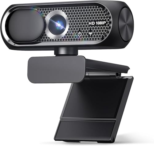 1080P HD Webcam with Microphone Noise Cancellation Privacy Cover Wide-Angle Lens Auto Light Correction Plug & Play USB Web Camera for Laptop Desktop PC Mac Zoom Skype Streaming Black