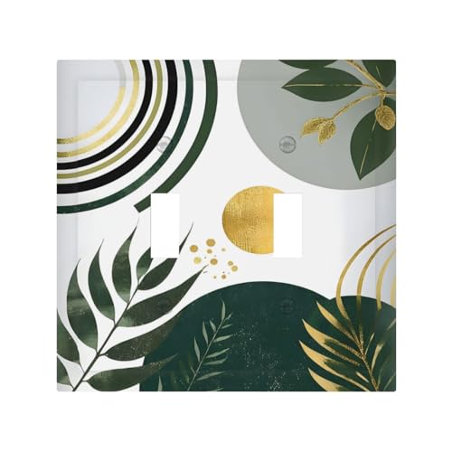 Decorative Light Switch Cover Plate Boho Green Leaves Bohemian Gold Sun 2 Gang Wall Plate Oversized Double Toggle Two Switch Wall Cover Plate Dual Device Faceplate