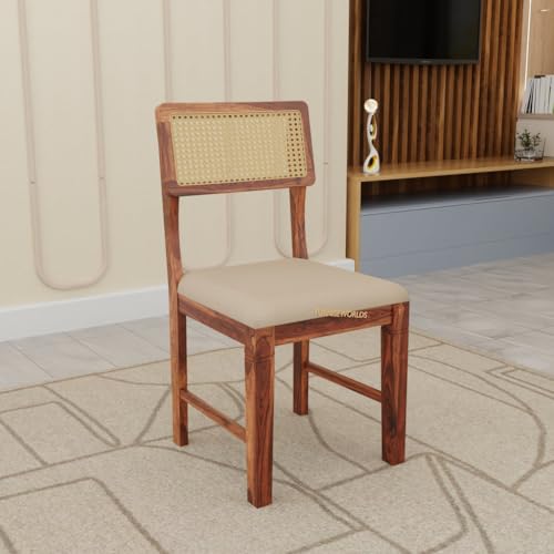 Image of Solid Sheesham Wood 4 Seater Dining Table Set for Home and Kitchen, Rattan Dining Table 4 Seater with Chairs Cane Furniture, Dining Set