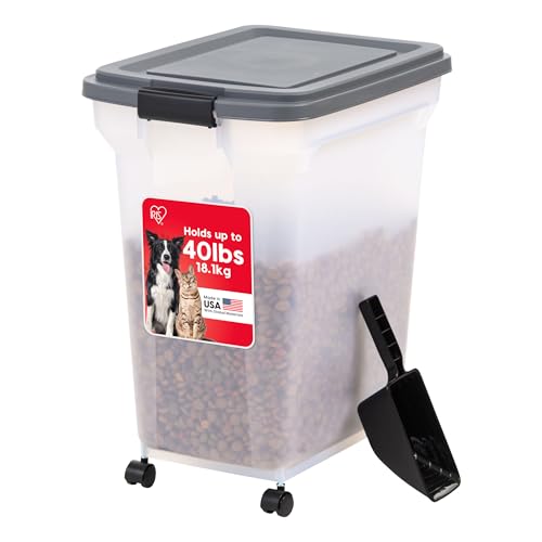 IRIS USA Dog Food Storage Container 40 lbs, Attachable Wheels, & Included Scoop, for Dog Cat Birds and other Pets, Food Storage Bin, Keep Fresh, Easy Mobility, BPA Free - Made in the USA, Dark Gray