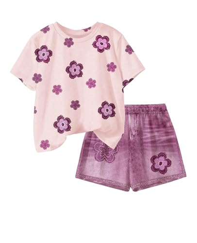 Image of Ayzozuy Kid Girl Clothes Shorts Set 2 Piece Outfits Summer Casual Short Sleeve Top and Shorts Set for Girls 4-7