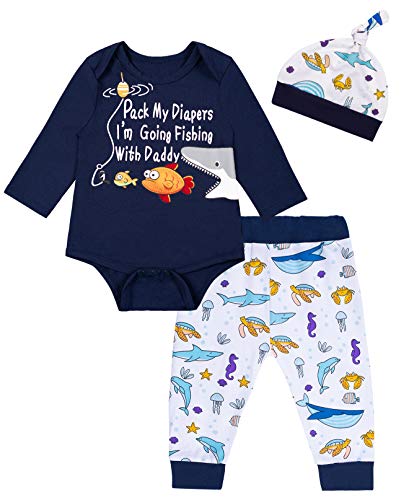 Image of Auggle 3PCS Baby Boys' Daddy's New Fishing Buddy Outfit Set Short Sleeve Bodysuit