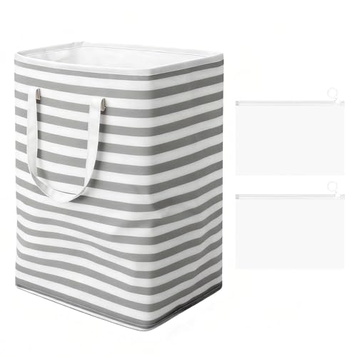 75L Grau Streifen Wäschekorb Faltbar mit 2 Reißverschluss...