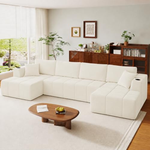 Image of KCGKCG 132 inch U Shaped Chenille Cloud Couch - No Assembly Required, Beige