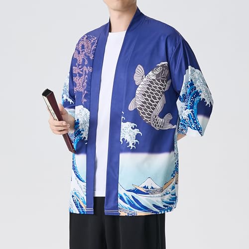 Image of PRIJOUHE Men's Lightweight Kimono Jacket Seven Sleeve Open Front Cardigan Coat Japanese Style Bathrobe
